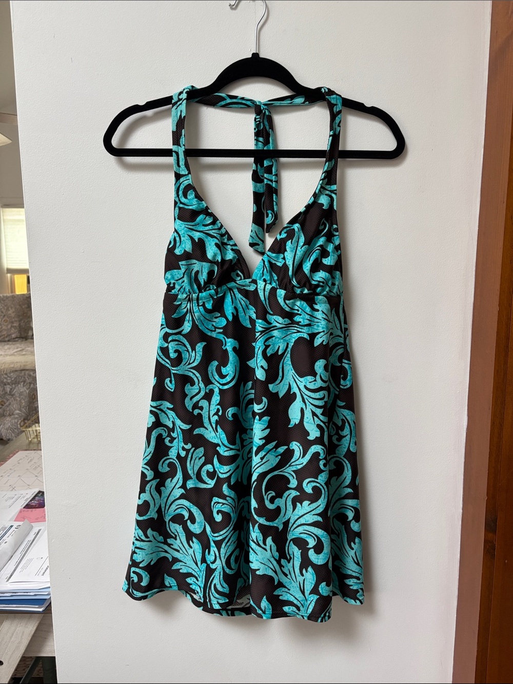 Sunsets Turquoise and Brown Scroll Halter Swim Dress,Size Small